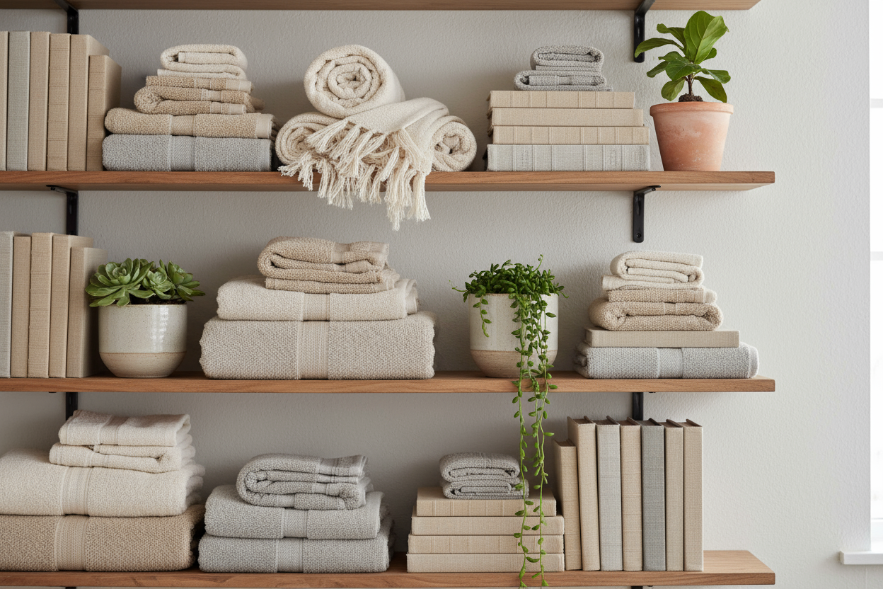 a background that has towels blankets books some plants on a shelf